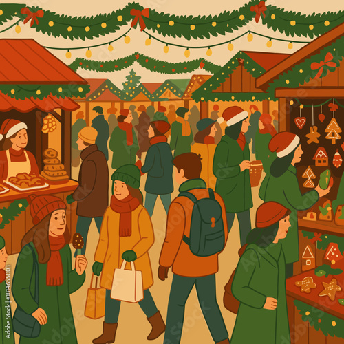 Festive Christmas Market. Bustling Christmas market scene with stalls selling festive treats and handmade crafts. Shoppers in winter coats explore the vibrant. Vector illustration