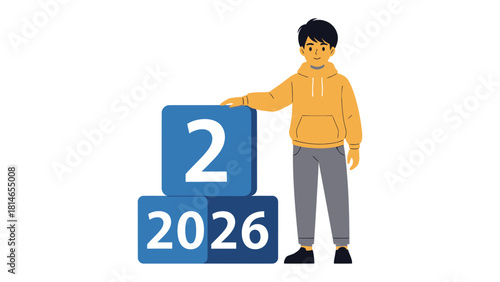 Young Person with Future Blocks: A young person stands with blocks showing the future, visualizing the upcoming year with anticipation and hope.