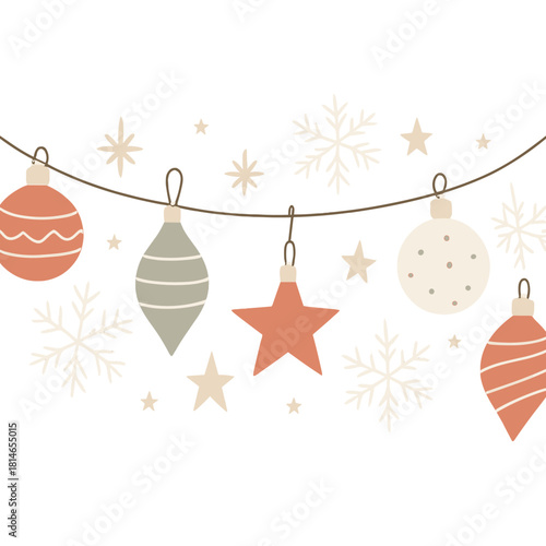 Elegant Christmas Garland. Decorative Christmas garland features a string of ornaments interspersed with delicate snowflakes and stars. The composition is dynamic,. Vector illustration