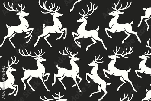 Stylized Prancing Reindeer. Pattern of stylized reindeer, each prancing in different poses, designed in a sleek, monochrome style. The reindeer are arranged in a. Vector illustration