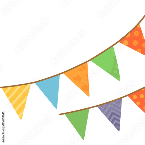 Festive Colorful Bunting. String of colorful bunting, with triangular flags fluttering in imaginary wind. Each flag showcases a different pattern, enhancing the. Vector illustration