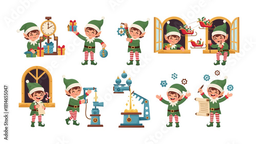 Elf Holiday Cheer: A collection of cheerful elves engaged in various activities, each brimming with holiday spirit and festive preparations, bringing to life the magic of the season.