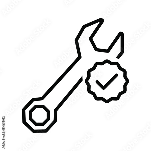 Line icon of a wrench with a checkmark badge, representing quality repair service or maintenance approval isolated on