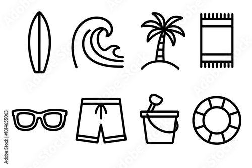 Surfing Beach Icons. Surfing lifestyle concept linear icon set: surfboard, wave crest, palm tree, beach towel, sunglasses, shorts, sand bucket, lifebuoy