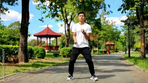 Young man standing confidently in a park with lush greenery and traditional pavilions under a bright blue sky