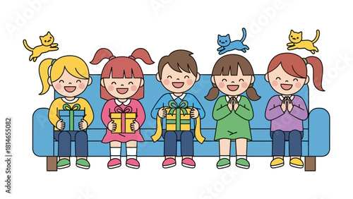 Gift Giving: joyful children with delighted expressions hold wrapped presents on a vibrant blue couch, surrounded by playful cats, evoking the excitement and anticipation of a special occasion.