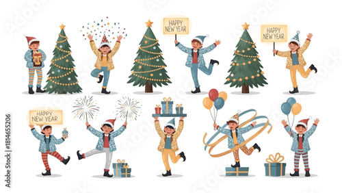 Holiday Fun and Festive Celebrations: A lively scene filled with joy and merriment, capturing the spirit of festivities and holiday cheer with decorated fir trees and individuals in holiday attire. 