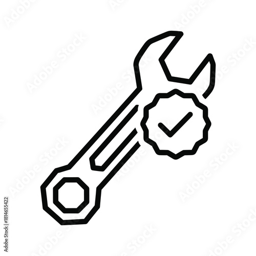 Line icon of a wrench with a checkmark badge, symbolizing repair service quality and maintenance approval isolated on