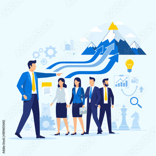 A business leader pointing towards a goal, guiding a team towards success and growth.