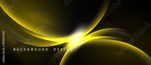 Abstract yellow waves over black background. Bright central glow creates dynamic visual effect. Modern design element.