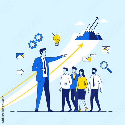 A business leader guiding his team up a path towards a mountain peak, symbolizing success and achieving goals.