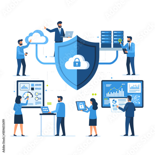 Business team working on cloud computing security, data protection, and network server administration with analytics dashboards.