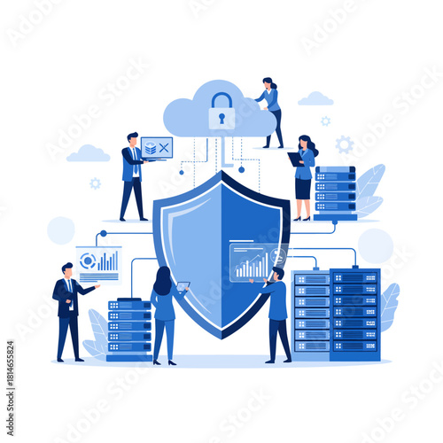 Cybersecurity team working together to protect data with a shield and cloud security icon.