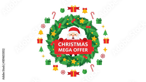 Christmas Mega Offer: A festive circular arrangement features a jovial character, Santa Claus, holding a sign that proudly announces a Christmas mega offer, surrounded by holiday decorations.