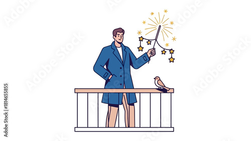 Enchanting Celebration: An individual with sparks of magic stands on a balcony, illuminating the night with celebratory fireworks, accompanied by a perched companion.