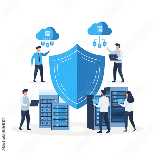 Illustration of data security, cloud computing, and server management with people and shield.