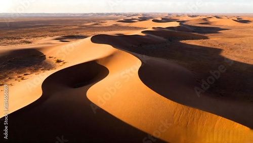 Fototapeta Naklejka Na Ścianę i Meble -  Aerial View of Rolling Sand Dunes in Golden Desert Light