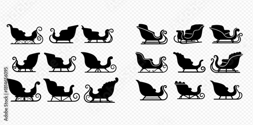 Set of various black silhouettes of Santa Claus sleighs and winter sleds for Christmas designs.
