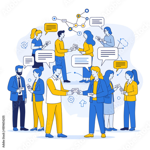 Illustration of people networking and exchanging business cards.