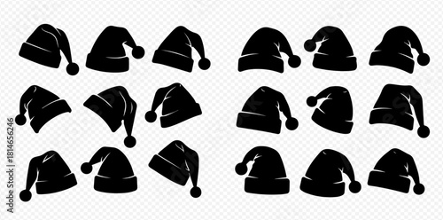 Silhouetted Santa hats in various poses, arranged in a grid pattern on a transparent background.