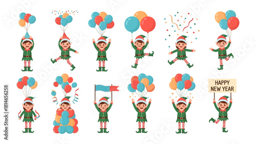 Festive Elf Delight: A collection of adorable elves, each brimming with glee as they frolic with balloons and banners in a cheerful display, ready to mark the coming of New Year.