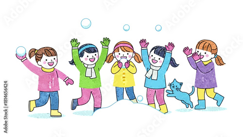 Wintertime Fun: A joyous gathering of children in vibrant winter attire, playfully throwing snowballs with glee, accompanied by a playful cat. Capturing the spirit of winter games.