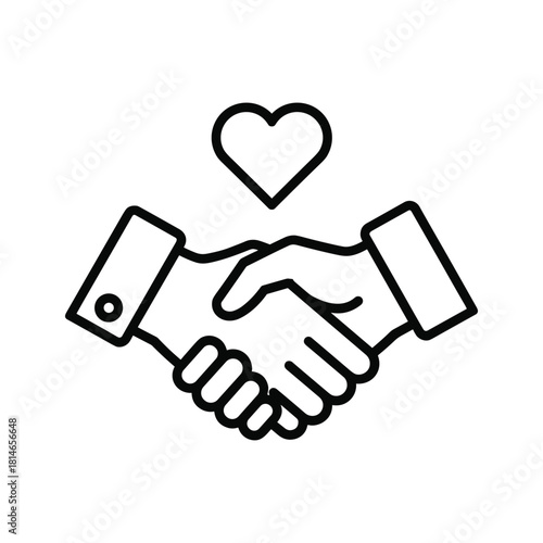 Line art icon of two hands shaking in agreement above a heart symbol, isolated on