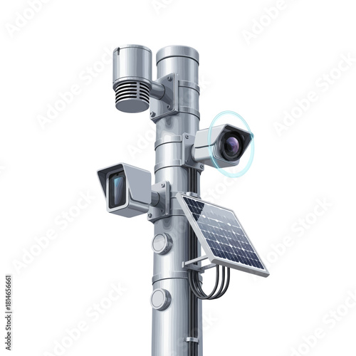 Modern surveillance system with solar panel, security cameras, and weatherproof housing on a pole