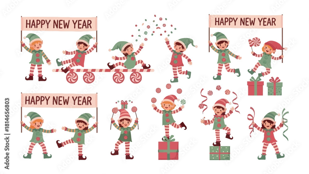 Fototapeta premium New Year's Elves Celebration: Festive elves in colorful costumes jubilantly celebrate the New Year with banners, gifts, and joyful antics.