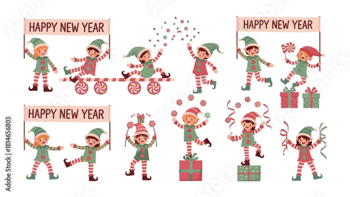 New Year's Elves Celebration: Festive elves in colorful costumes jubilantly celebrate the New Year with banners, gifts, and joyful antics.