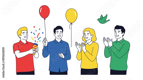  Celebration and Festivity: A group of individuals comes together in a lively celebration, with confetti, balloons, and cheers filling the air, capturing moments of joy and unity.