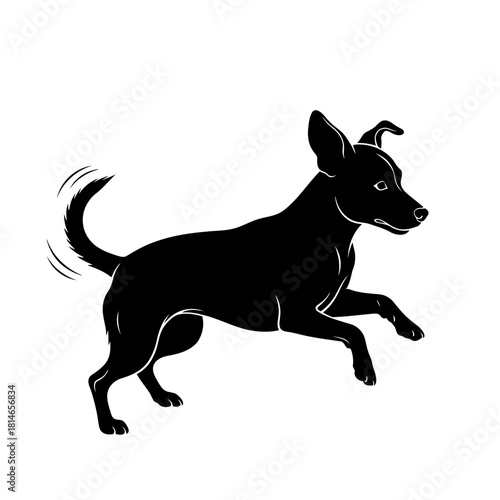 Black and white illustration of a running dog with its tail wagging, captured in a dynamic pose