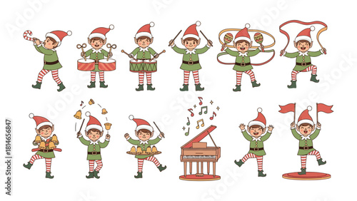 Festive Elf Symphony: A cheerful ensemble of elves in holiday attire delight with their musical prowess, playing an array of instruments with joyful energy, embodying the spirit of celebration.
