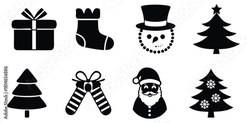 Christmas icons silhouette set gift stocking snowman tree santa candy