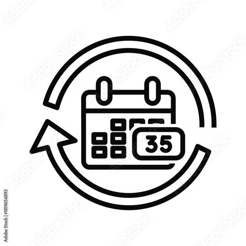 Black and white line icon representing a calendar with a number 35 inside a circular arrow indicating recurring event or time frame