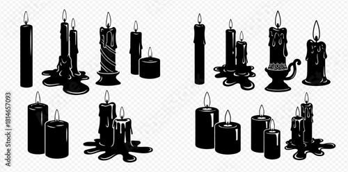 A collection of black and white illustrations of various candles, some with dripping wax, in different shapes and sizes.