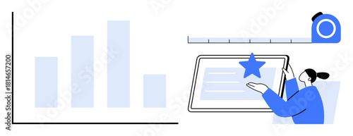 Bar chart, ruler for measurement, person interacting with tablet featuring a star indicator. Ideal for analytics, progress tracking, quality control, metric visualization, user feedback, performance