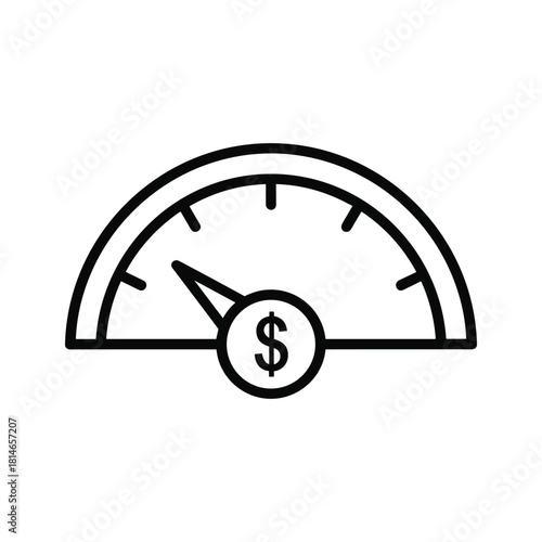 Line icon representing a financial meter or gauge with a dollar sign indicating cost, price, or budget level isolated on