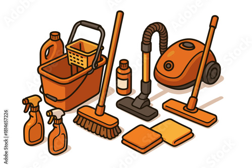Cleaning tools icon set. House cleaning gear vector set. Cleaning tools vector illustration with mop, spray and vacuum.