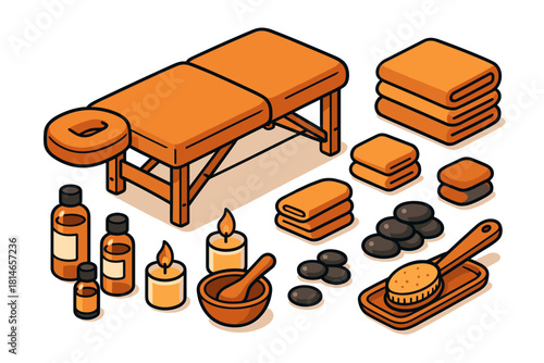 Spa equipment icon set. Relaxation and therapy vector set. Spa equipment vector illustration with massage table and candles.