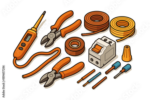 Electrician tools icon set. Electrical repair gear vector set. Electrician tools vector illustration for wire and circuit work.