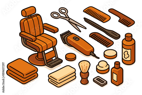 Barber tools icon set. Hairdressing and shaving gear vector set. Barber tools vector illustration with chair and accessories.