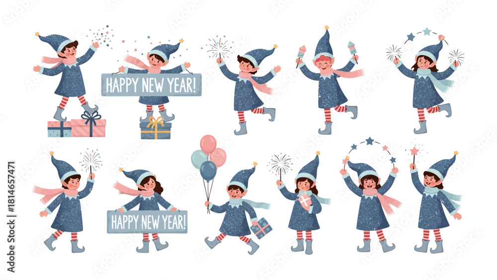 Fototapeta premium Festive New Year's Elves: Whimsical illustrations capture the essence of New Year's joy. The elves are celebrating with festive elements like fireworks, balloons and gifts.