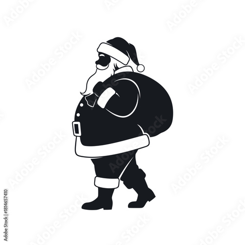 Santa claus carrying a large sack of gifts, walking, festive holiday season, christmas, cheerful, isolated on