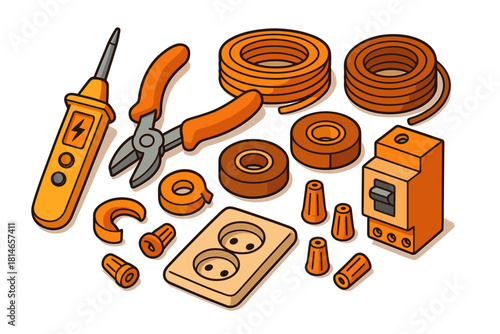 Electrician tools icon set. Electrical repair gear vector set. Electrician tools vector illustration for wire and circuit work.
