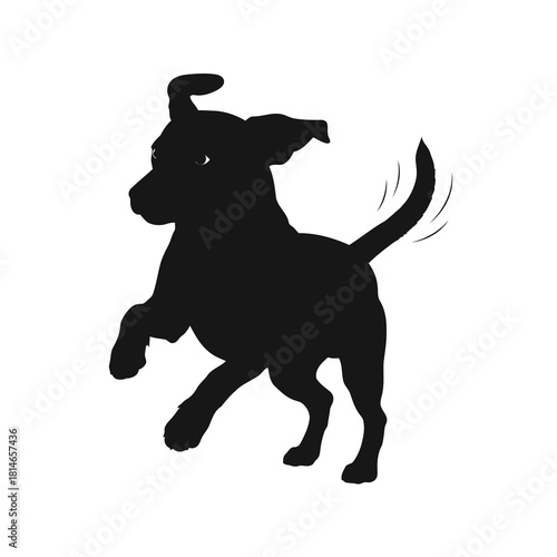 Silhouette of a playful black dog running with tail wagging, isolated on