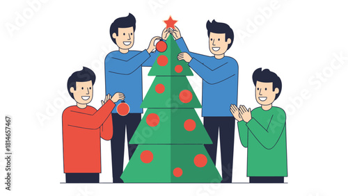Festive Decorating: A group of friends gathering to adorn a vibrant Christmas tree with ornaments, the scene embodies the festive spirit and communal joy of the season.