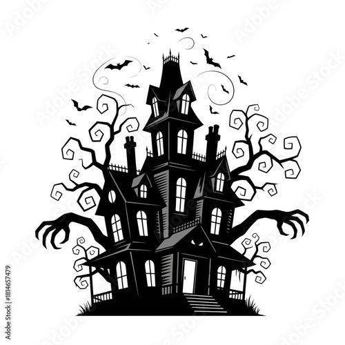 Haunted house illustration with bats and twisted trees in a spooky halloween scene