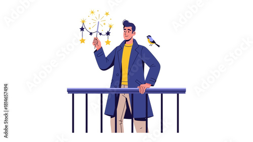Man and Sparkling: A man stands on a balcony, holding a sparkling light, a small bird perched nearby, the scene exudes a magical and celebratory atmosphere.