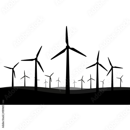 Silhouette of multiple wind turbines in a row on a hillside, representing renewable energy and sustainability